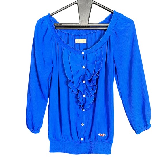 Hollister Womens Size XS Blue Ruffle Peasant Blouse Y2K Boho Smocked Waist Sheer - Picture 2 of 13